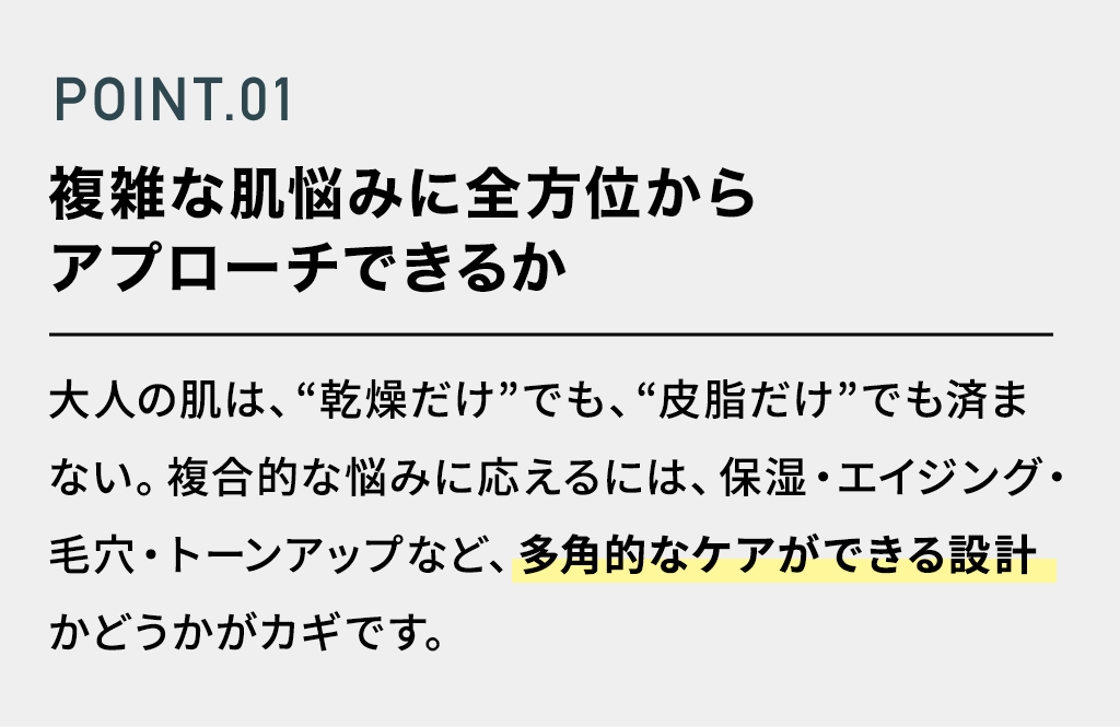 POINT.01 複雑な肌悩みに全方位からアプローチできるか